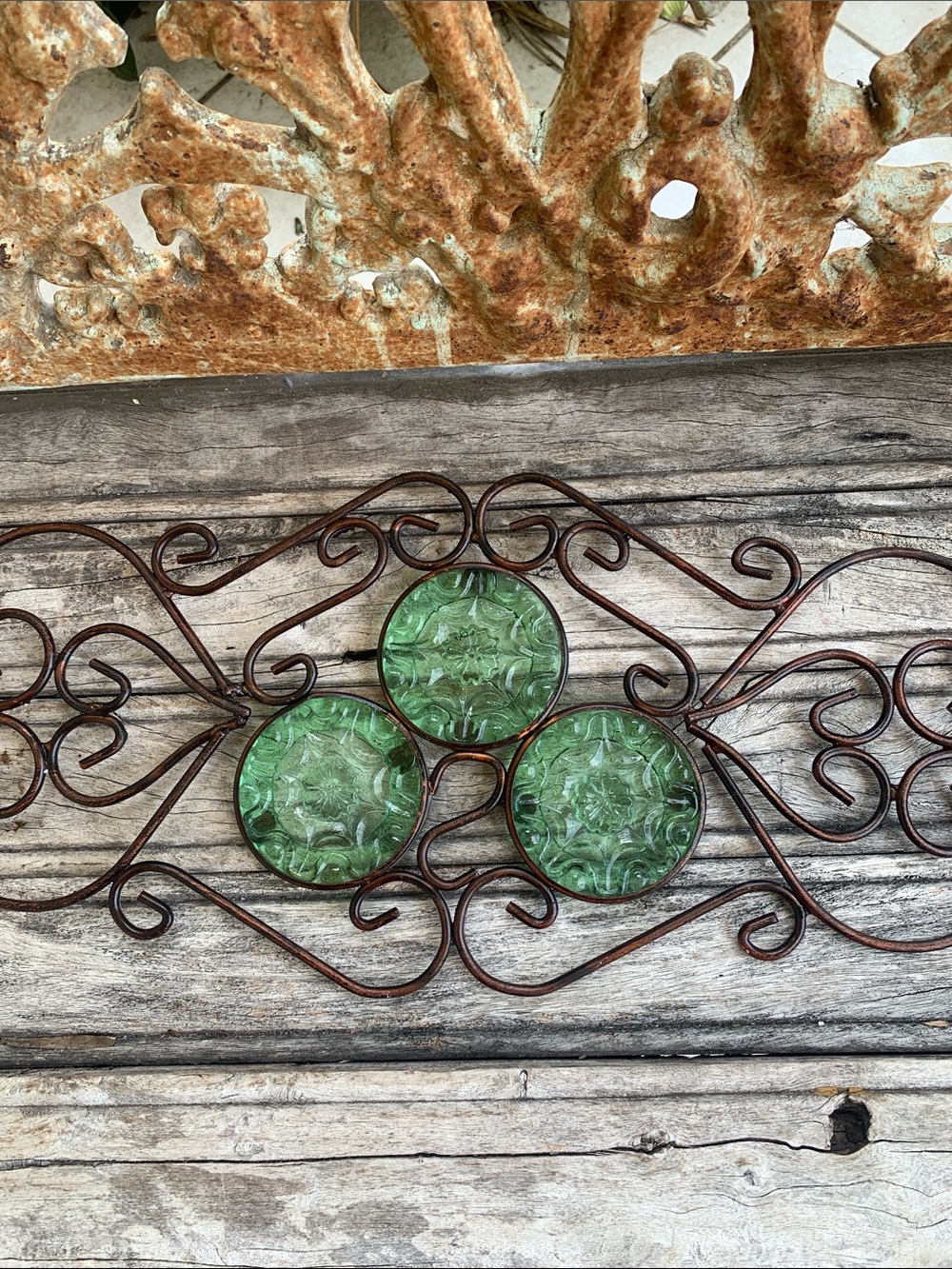 Decorative Metal Wall Accent with Green Glass Floral Medallions